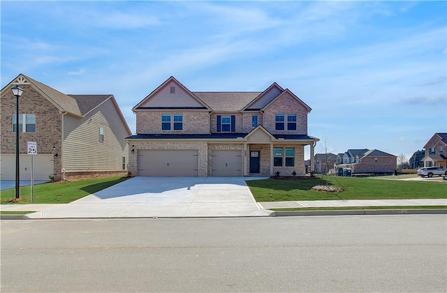 view of front of home featuring a garage, concrete driveway, a front yard, and brick siding
