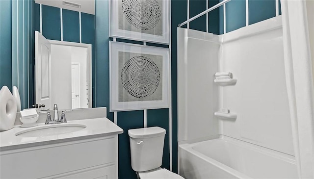 full bathroom with toilet, bathtub / shower combination, and vanity
