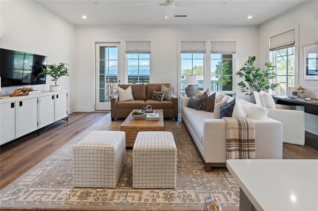 living room with dark wood-type flooring