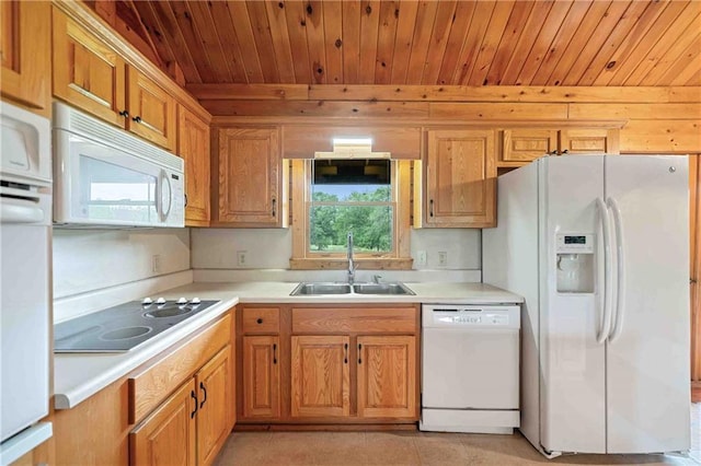kitchen featuring a sink, wooden ceiling, white appliances, and light countertops