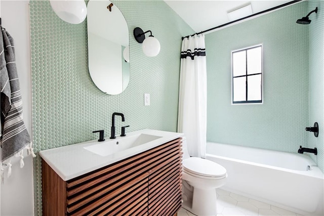 bathroom with vanity, tile patterned flooring, toilet, and shower / bathtub combination with curtain