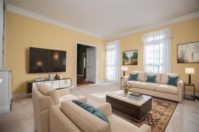 living room featuring ornamental molding, light carpet, and baseboards