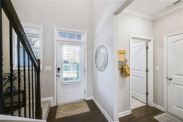 entryway featuring crown molding and wood-type flooring