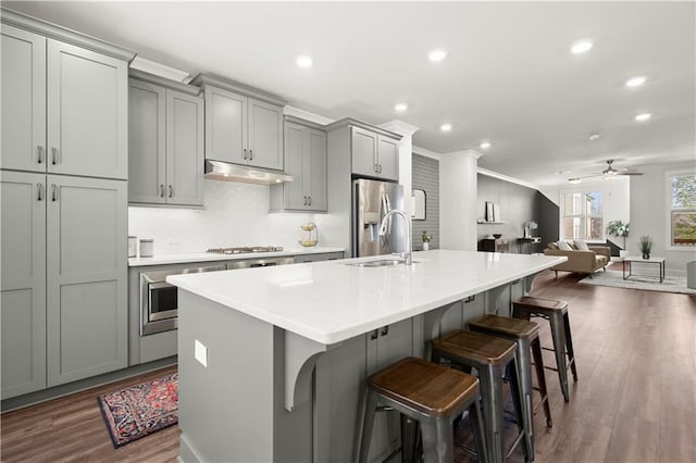 kitchen featuring dark wood-style flooring, gray cabinets, stainless steel appliances, a sink, and under cabinet range hood