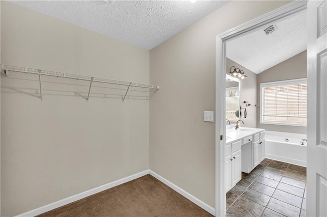 spacious closet featuring vaulted ceiling, sink, and dark tile patterned floors