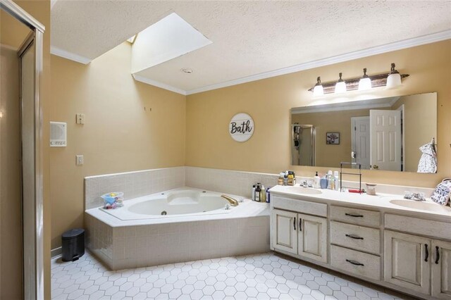 bathroom featuring tile patterned floors, plus walk in shower, crown molding, vanity, and a skylight