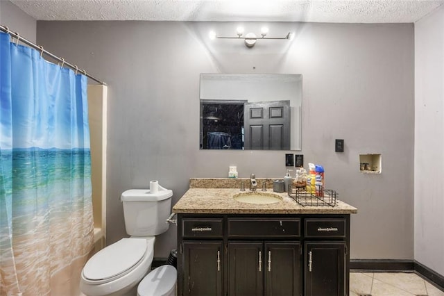 full bathroom featuring a textured ceiling, shower / bath combination with curtain, toilet, vanity, and tile patterned flooring