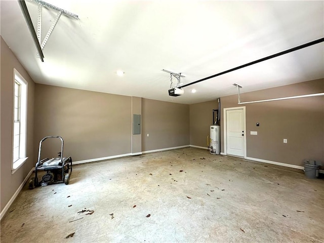 garage with electric panel, water heater, baseboards, and a garage door opener