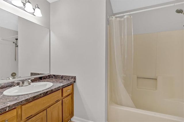 bathroom with vanity and shower / bathtub combination with curtain