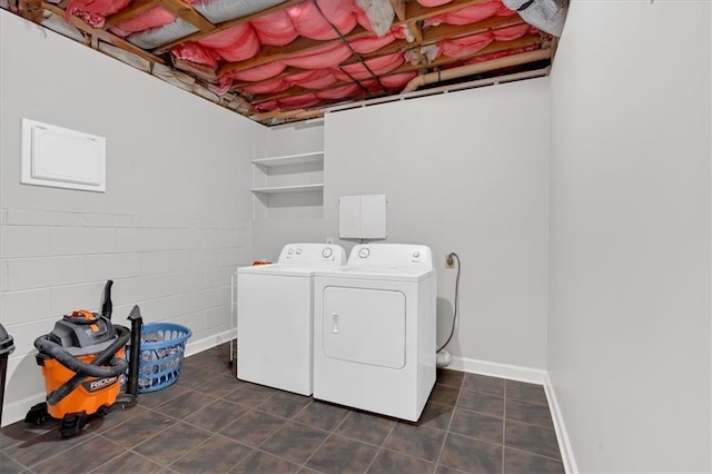 laundry room with washer and dryer and dark tile patterned floors