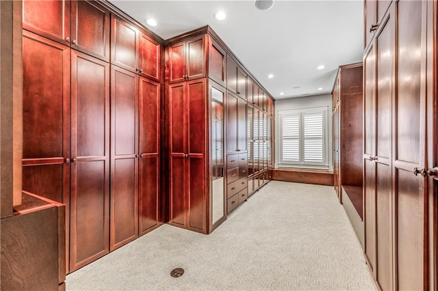 spacious closet featuring light carpet