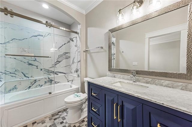 full bath featuring enclosed tub / shower combo, toilet, ornamental molding, and vanity