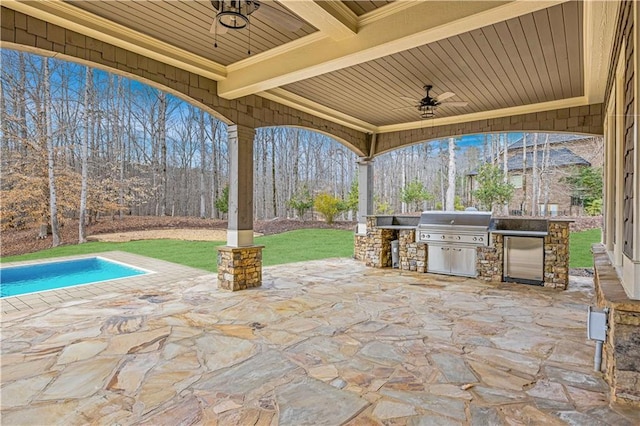 view of patio / terrace featuring area for grilling, ceiling fan, a grill, and an outdoor pool