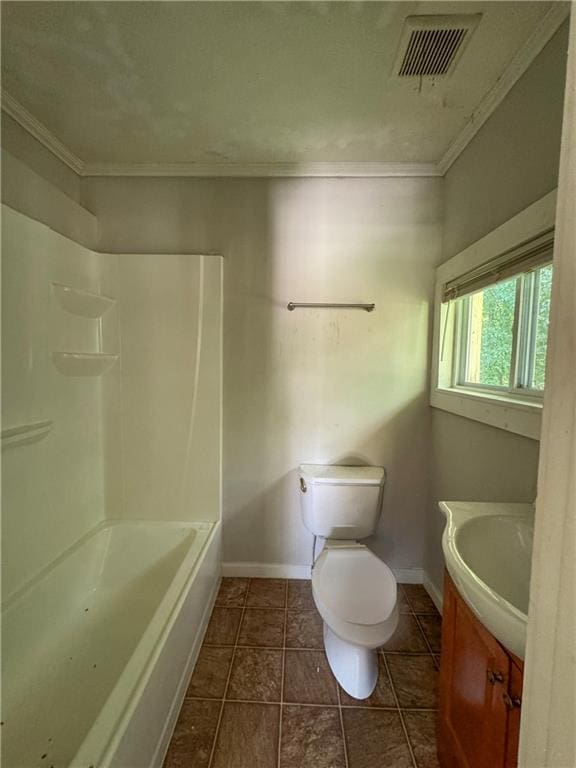 full bathroom with vanity, toilet, ornamental molding, and tile patterned flooring