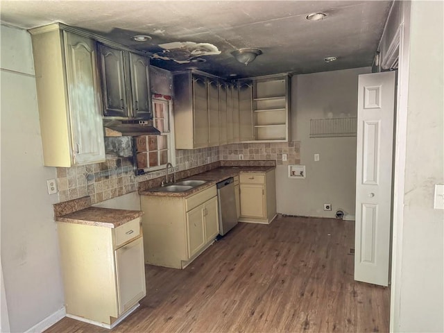 kitchen with sink, wood-type flooring, dishwasher, and cream cabinetry