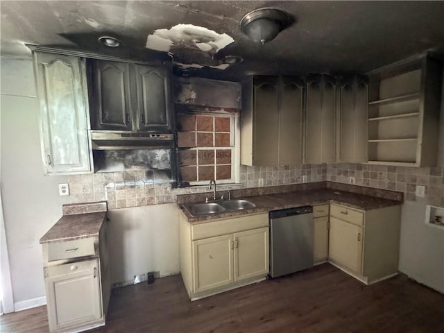 kitchen with cream cabinetry, dark wood-type flooring, sink, stainless steel dishwasher, and tasteful backsplash