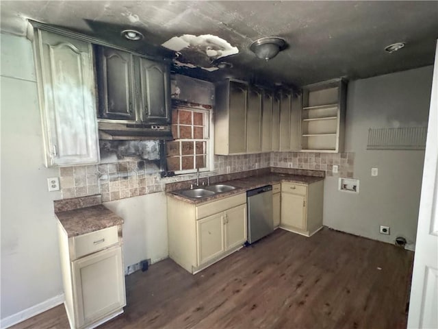 kitchen featuring decorative backsplash, cream cabinets, stainless steel dishwasher, dark hardwood / wood-style floors, and sink