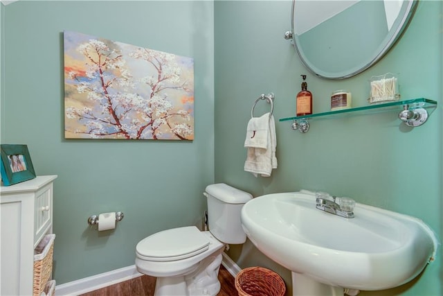 bathroom with wood-type flooring, sink, and toilet