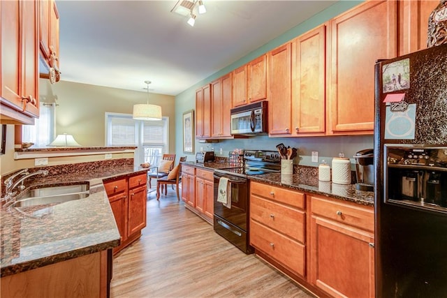 kitchen with black appliances, a wealth of natural light, a sink, and light wood-style floors