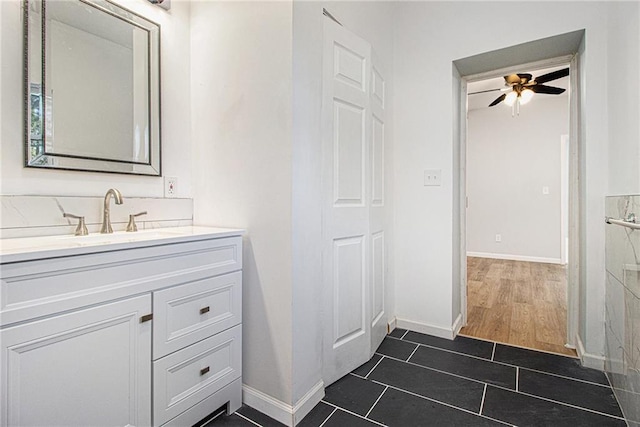 bathroom with vanity, tile patterned floors, and ceiling fan