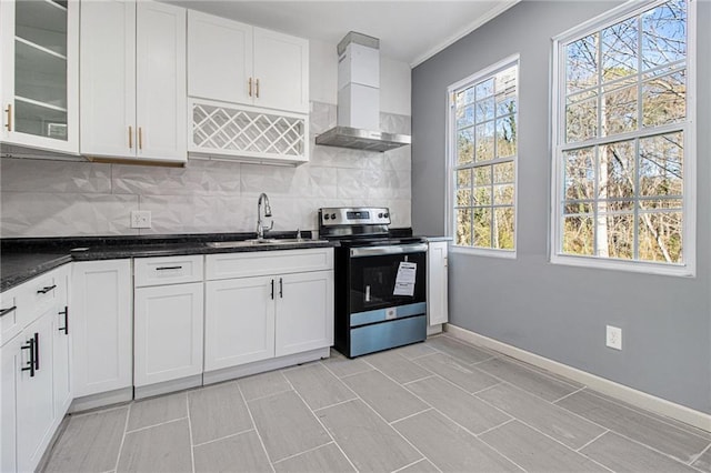 kitchen featuring white cabinetry, tasteful backsplash, wall chimney exhaust hood, and stainless steel electric range oven