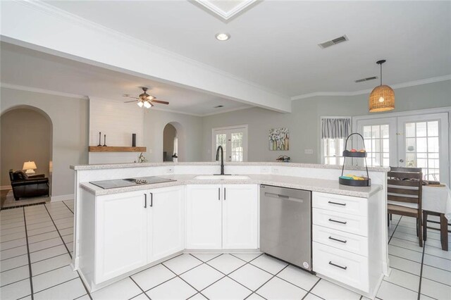 kitchen with white cabinetry, dishwasher, french doors, and sink