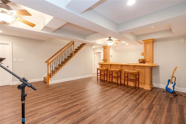 interior space featuring indoor bar, dark hardwood / wood-style floors, and ceiling fan