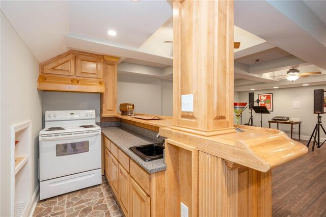 kitchen featuring kitchen peninsula, light brown cabinetry, white electric range oven, custom range hood, and dark hardwood / wood-style floors