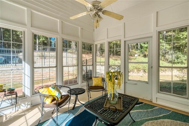 sunroom featuring plenty of natural light and ceiling fan