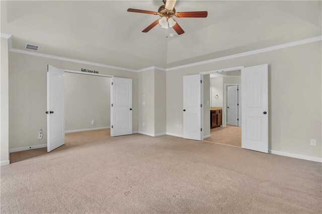 1354 Slate Bend Dr, Dacula, GA 30019 - unfurnished bedroom featuring ceiling fan, ensuite bathroom, crown molding, and light carpet