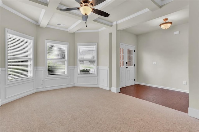 1354 Slate Bend Dr, Dacula, GA 30019 - carpeted spare room with coffered ceiling, beamed ceiling, ceiling fan, and ornamental molding
