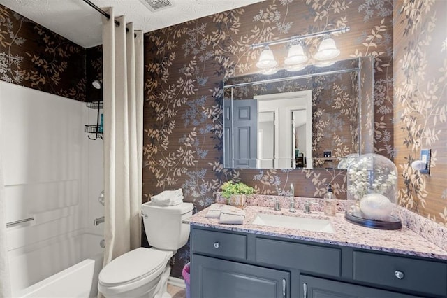 bathroom with toilet, visible vents, vanity, shower / bath combination with curtain, and wallpapered walls