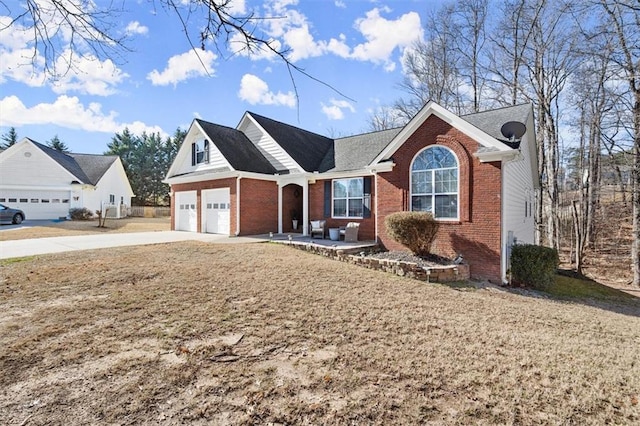 single story home with concrete driveway and brick siding