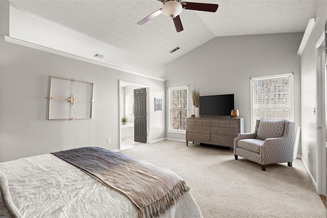 bedroom featuring light colored carpet, visible vents, ceiling fan, and lofted ceiling