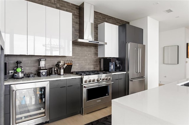 788 W Marietta St Unit 1809, Atlanta, GA 30318 - kitchen featuring high end appliances, wall chimney exhaust hood, decorative backsplash, and light wood-style floors