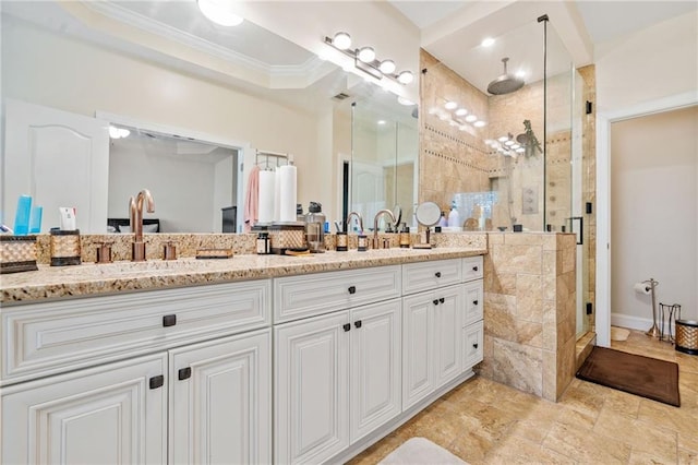 286 Blue Pointe Ct, Suwanee, GA 30024 - full bathroom featuring a stall shower, double vanity, and ornamental molding
