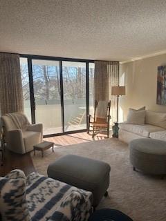 living area featuring floor to ceiling windows, wood finished floors, a wealth of natural light, and a textured ceiling