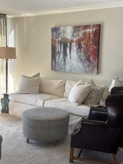 living area featuring carpet floors, a textured ceiling, and ornamental molding