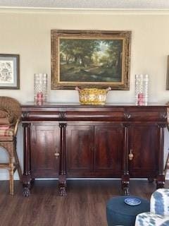 bar featuring a textured ceiling, dark wood-type flooring, and ornamental molding