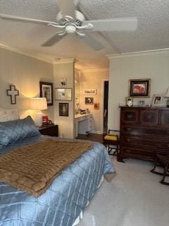 carpeted bedroom featuring crown molding, a ceiling fan, and a textured ceiling