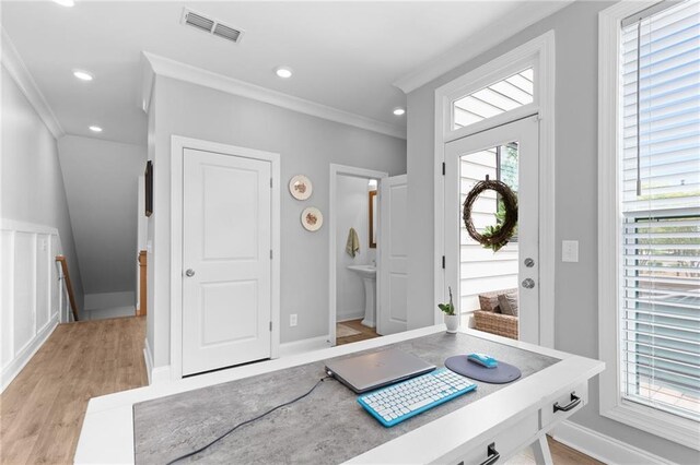 300 Olmstead Way, Alpharetta, GA 30022 - home office with ornamental molding, baseboards, light wood-style floors, and recessed lighting