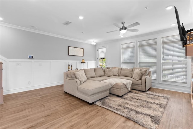 300 Olmstead Way, Alpharetta, GA 30022 - living room featuring a ceiling fan, crown molding, light wood-type flooring, wainscoting, and recessed lighting
