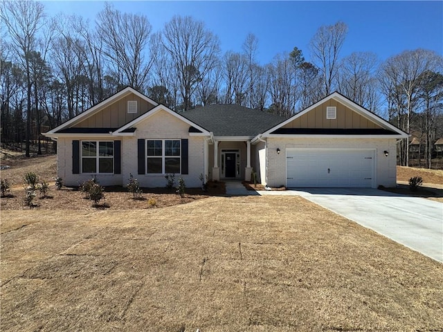 ranch-style home with a garage, concrete driveway, brick siding, and board and batten siding