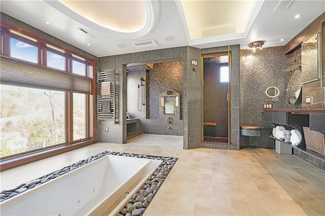 bathroom featuring vanity, a raised ceiling, and plus walk in shower