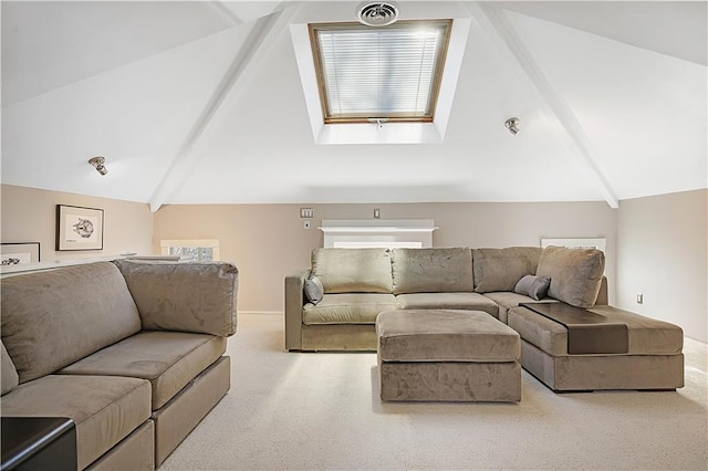 living room featuring light colored carpet and vaulted ceiling with skylight