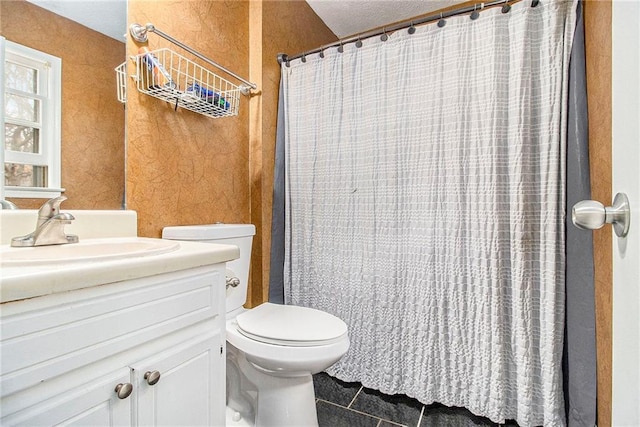 full bath featuring toilet, tile patterned floors, a shower with curtain, and vanity