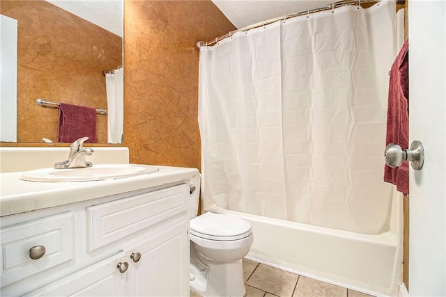 full bathroom featuring toilet, shower / tub combo, tile patterned flooring, and vanity