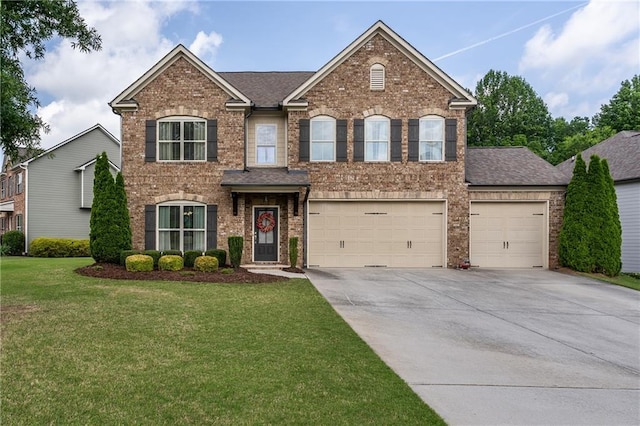 4305 Hunters Walk Way, Cumming, GA 30028 - view of front of property featuring concrete driveway, a front yard, brick siding, and a shingled roof