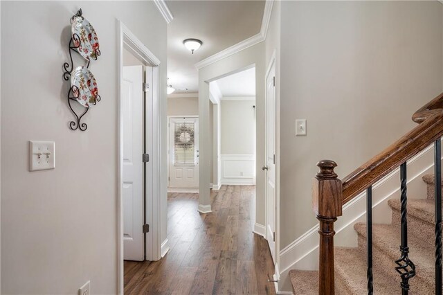 4305 Hunters Walk Way, Cumming, GA 30028 - hallway with ornamental molding, dark wood-style flooring, stairway, and baseboards