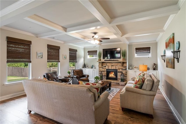 4305 Hunters Walk Way, Cumming, GA 30028 - living room with a stone fireplace, dark wood-style floors, coffered ceiling, beamed ceiling, and baseboards